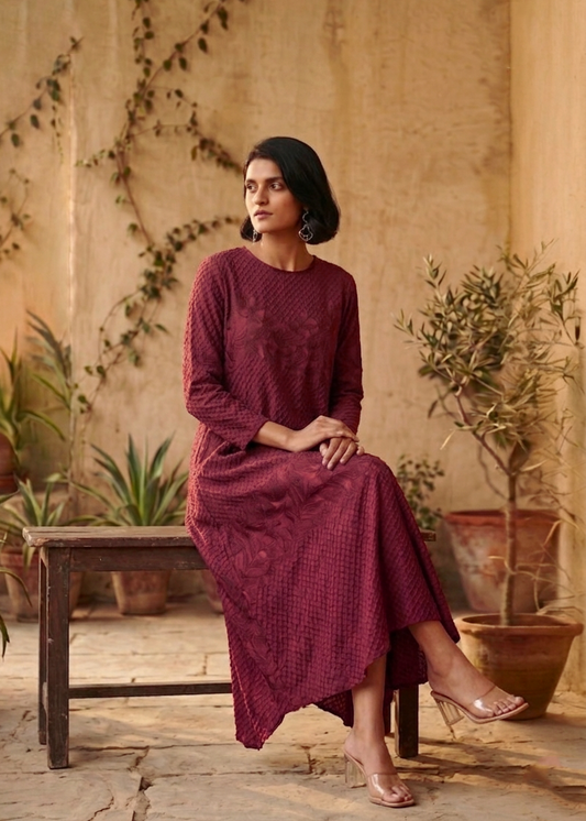 Dandelion Embossed Dress - Wine
