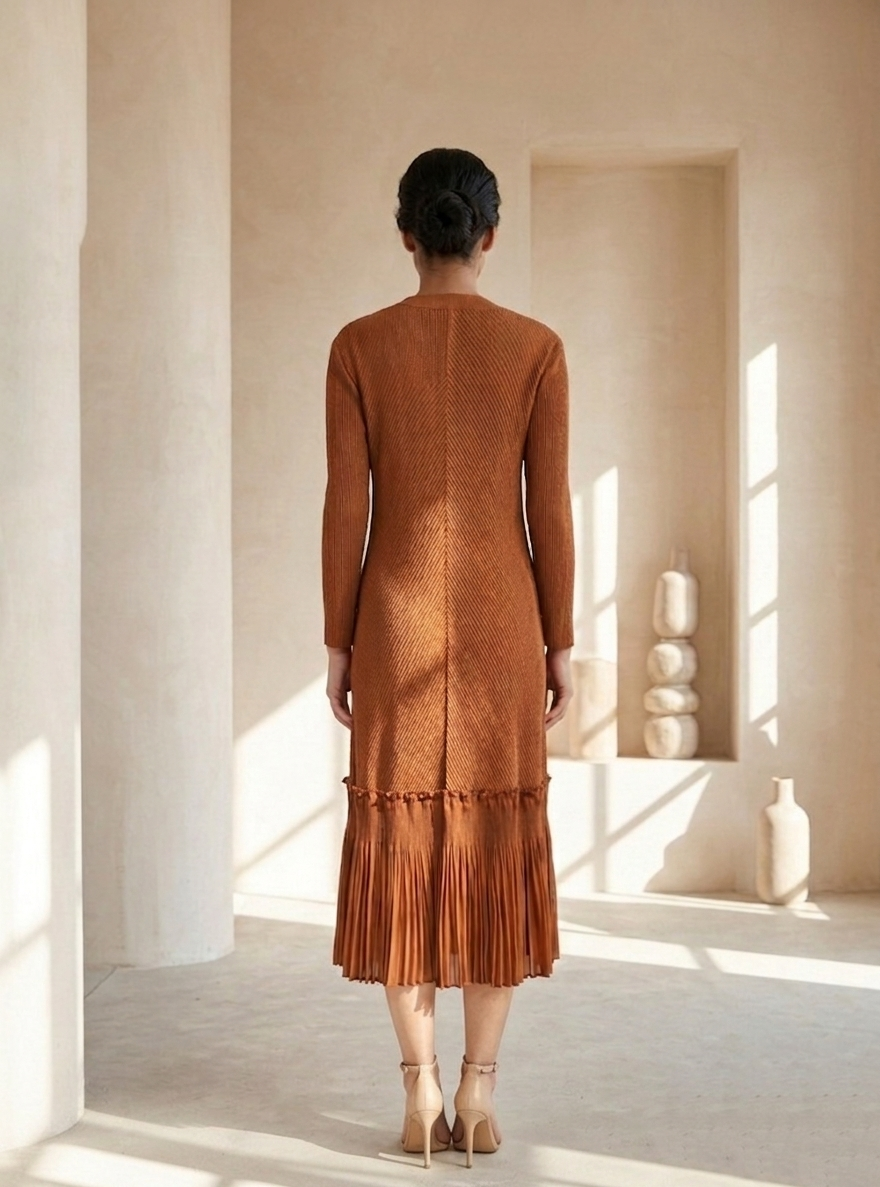 Woman wearing a brown dress standing in a bright, minimalistic room.