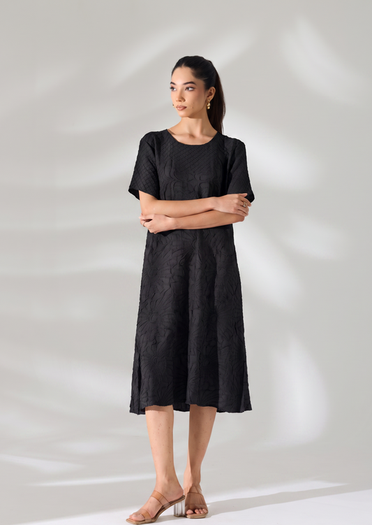 Floral Embossed Jane Dress - Black