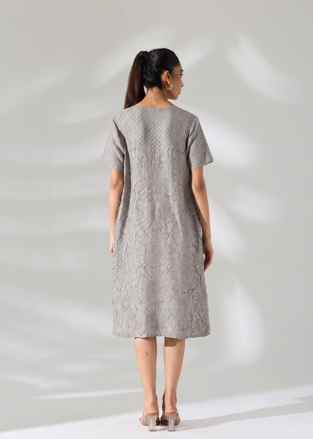 Floral Embossed Jane Dress - Grey