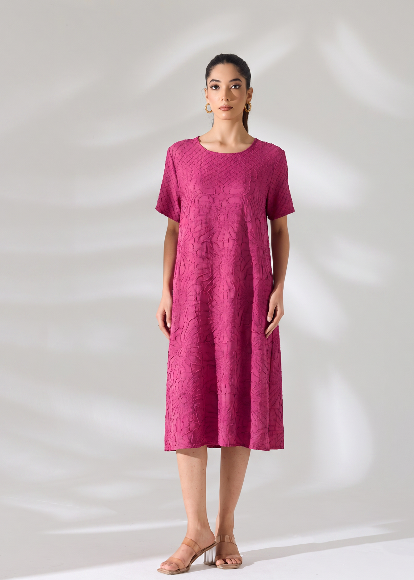 Floral Embossed Jane Dress - Hot pink