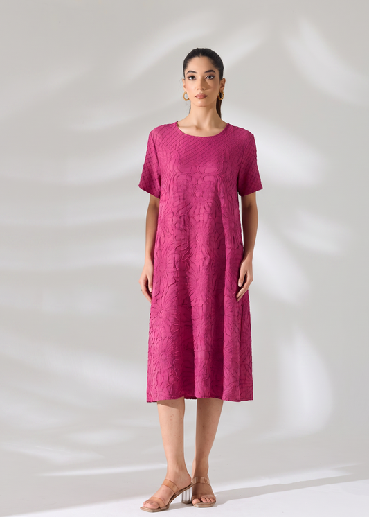 Floral Embossed Jane Dress - Hot pink