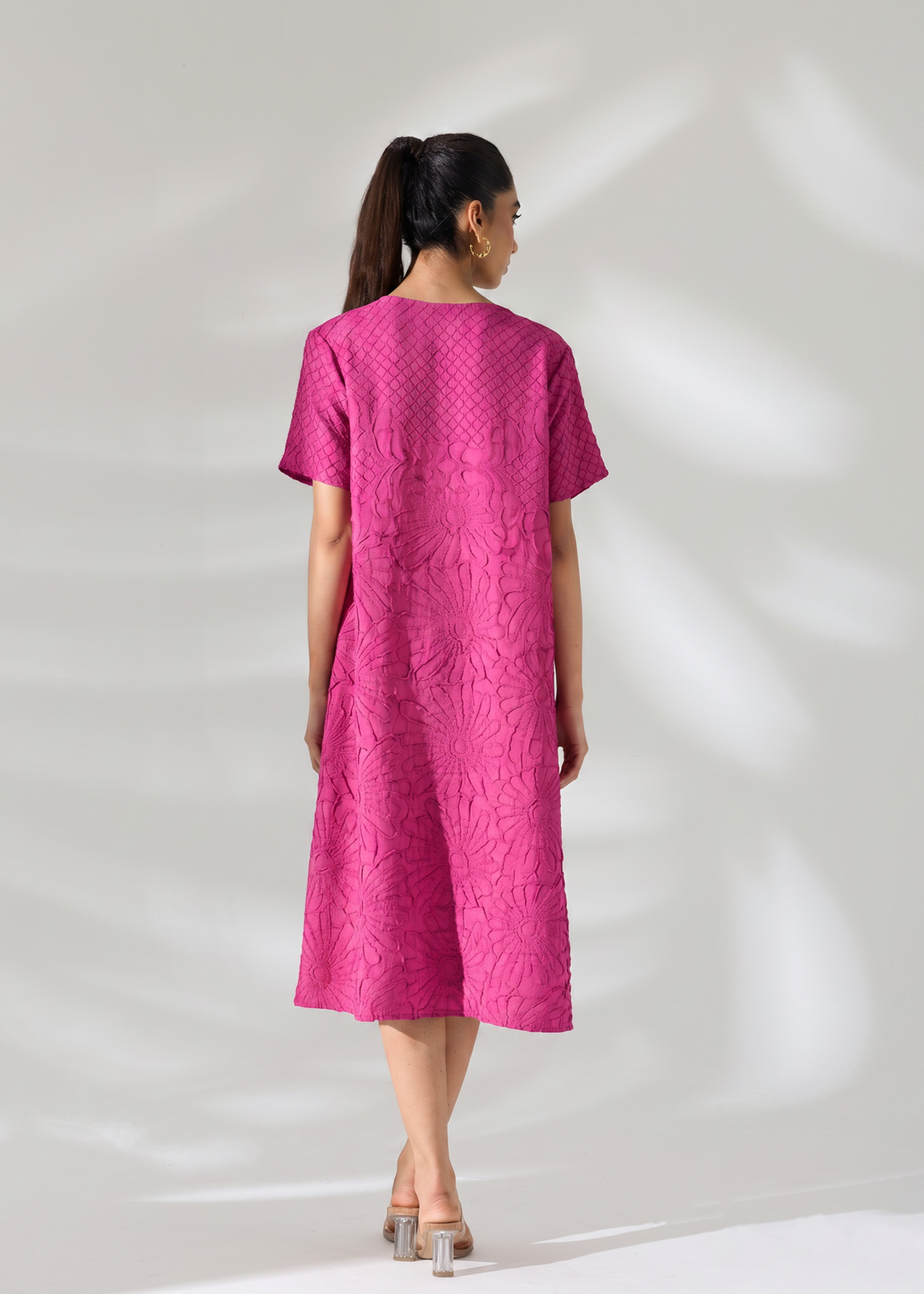Floral Embossed Jane Dress - Hot pink