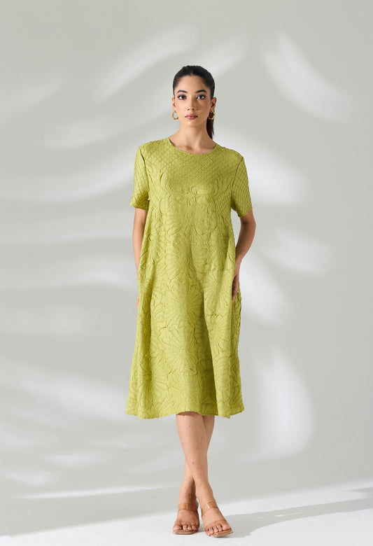 Floral Embossed Jane Dress - Lime Green