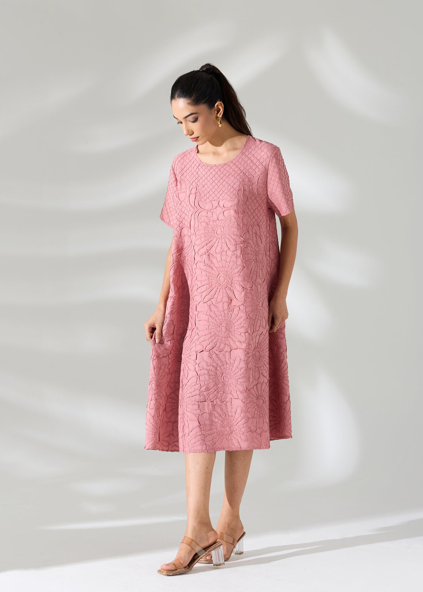 Floral Embossed Jane Dress - Mocha