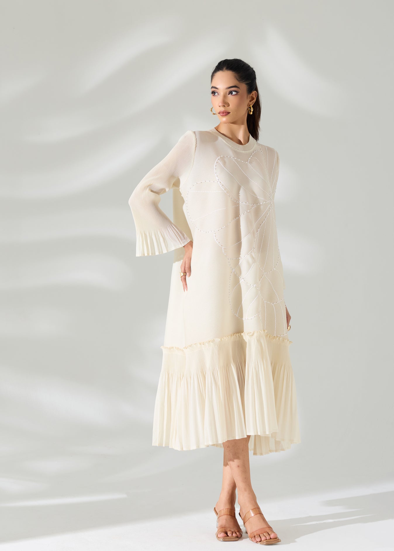 Floral Pearl Midi Ruffle Dress - Ivory