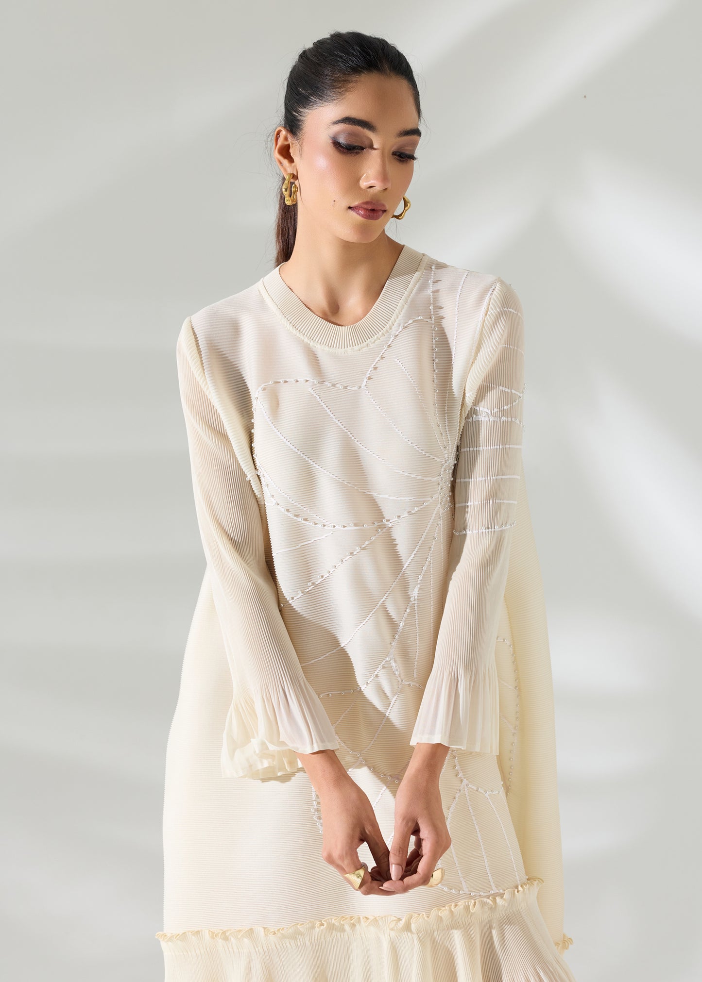Floral Pearl Midi Ruffle Dress - Ivory