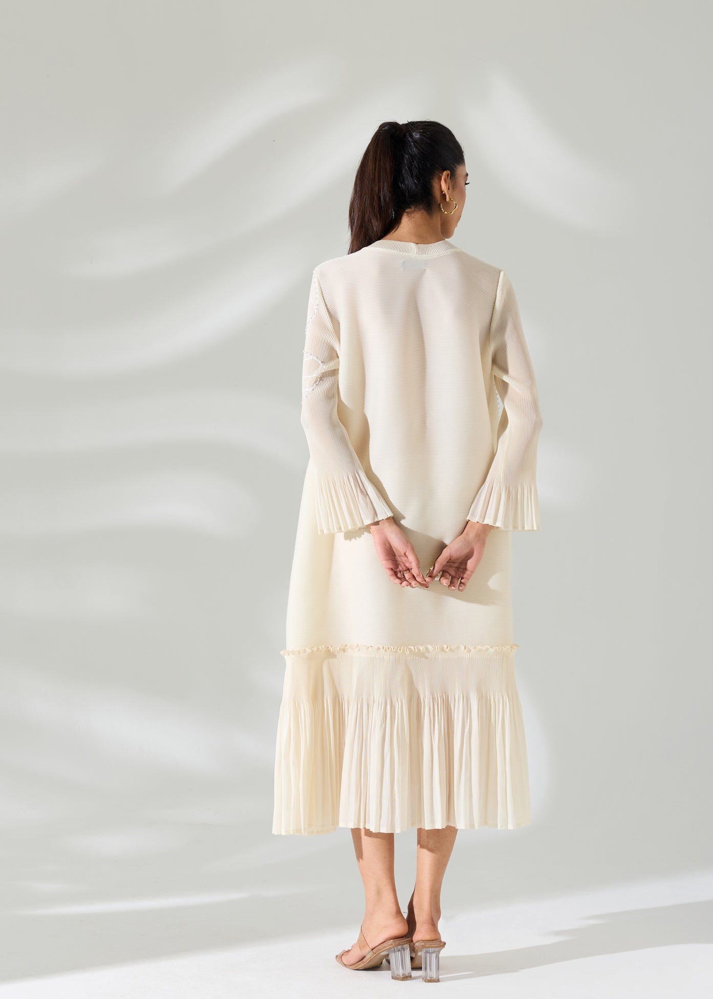 Floral Pearl Midi Ruffle Dress - Ivory
