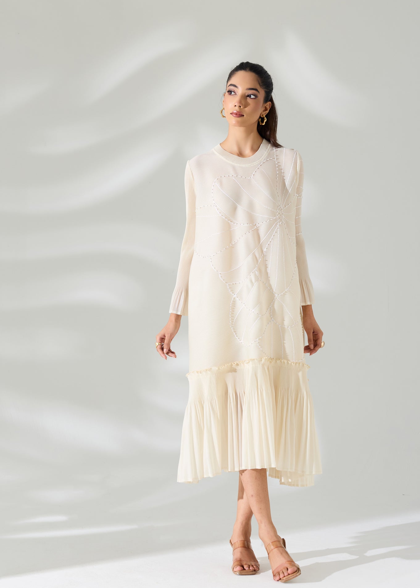Floral Pearl Midi Ruffle Dress - Ivory