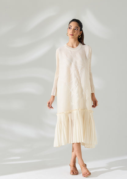Floral Pearl Midi Ruffle Dress - Ivory