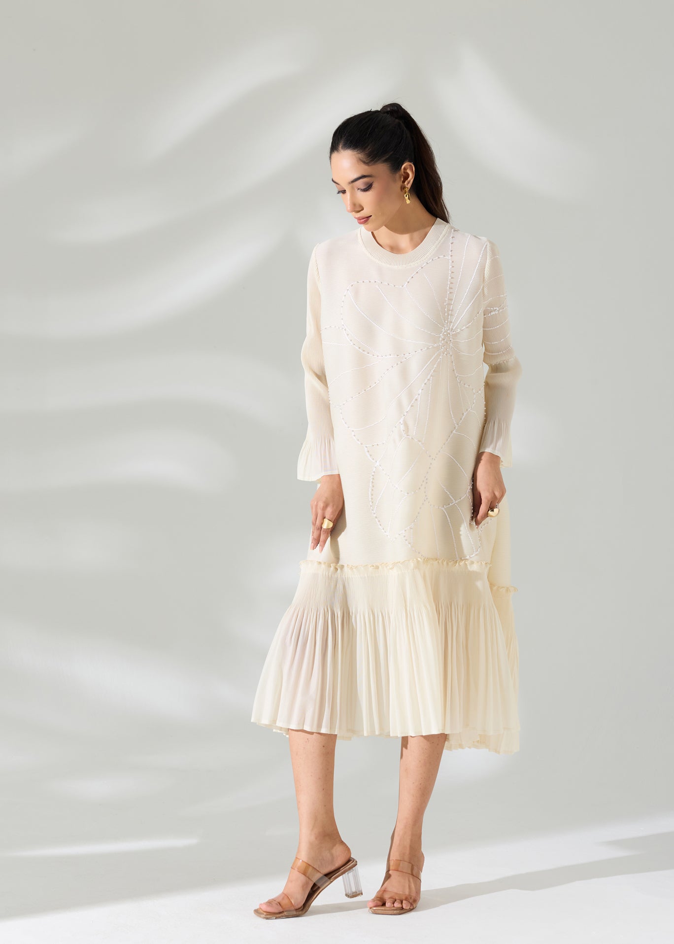 Floral Pearl Midi Ruffle Dress - Ivory