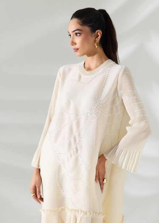 Floral Pearl Midi Ruffle Dress - Ivory