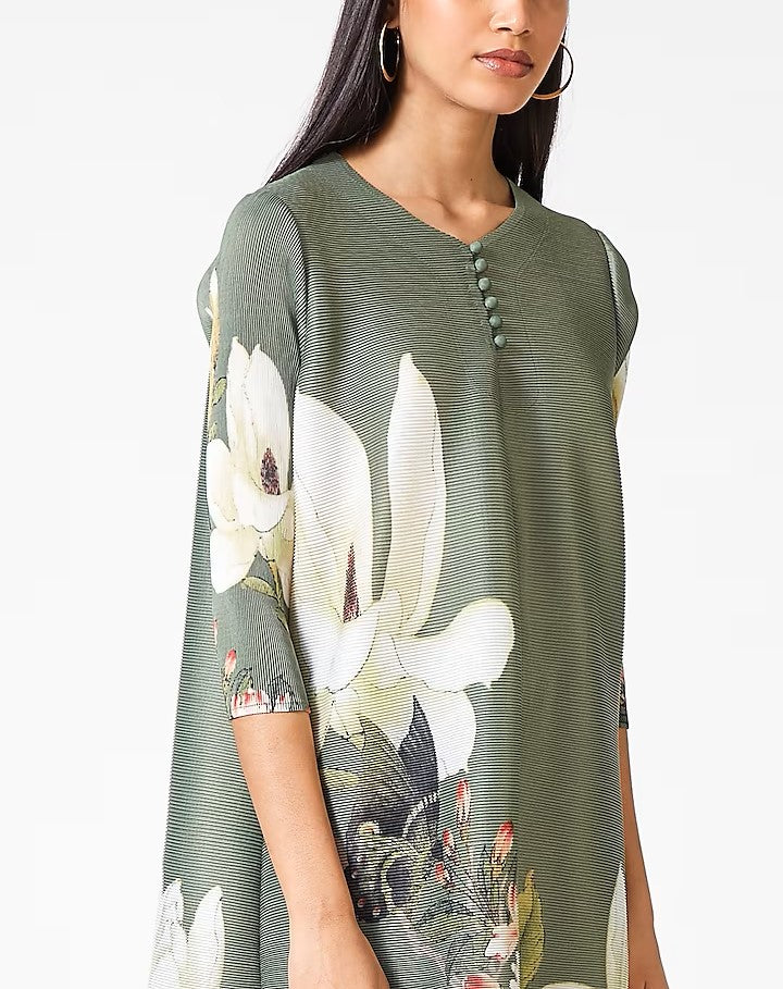 Green Floral Pleated Tunic Set