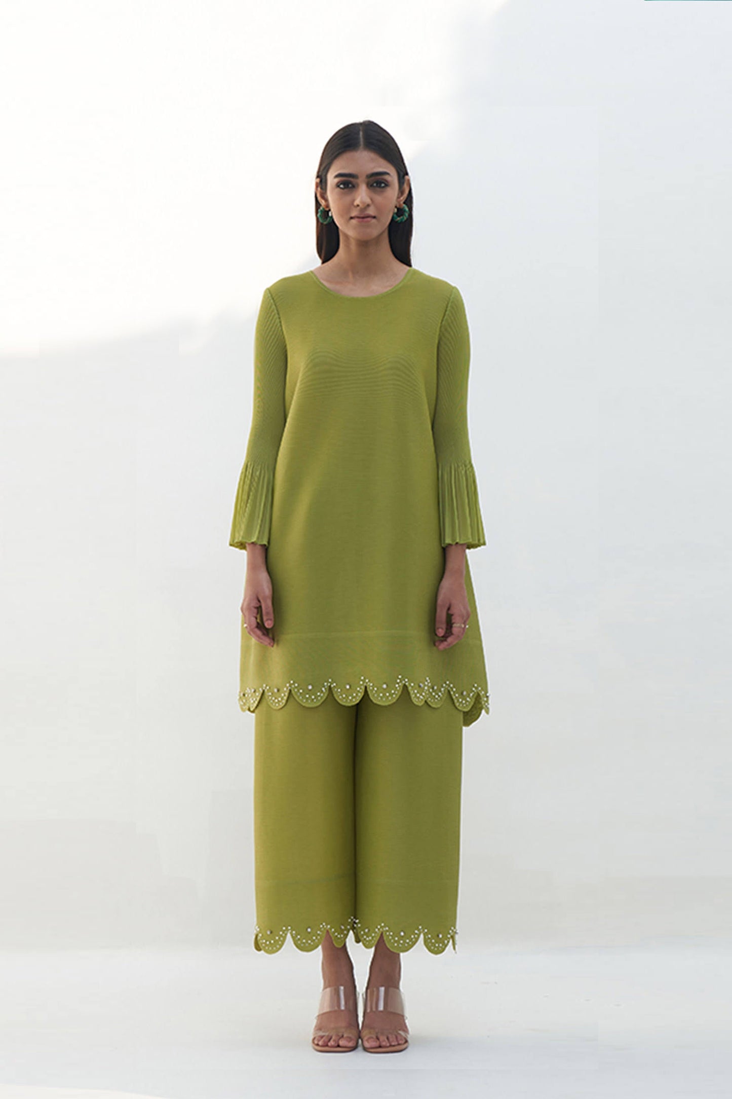 Green Pleated Pearl Tunic Set