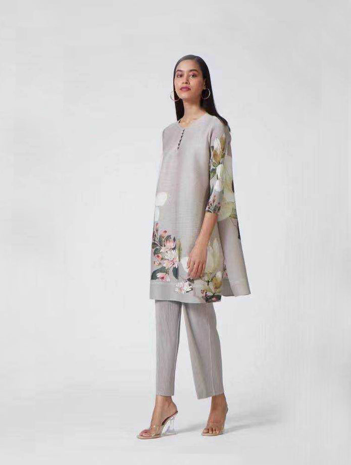 Grey Floral Pleated Tunic Set