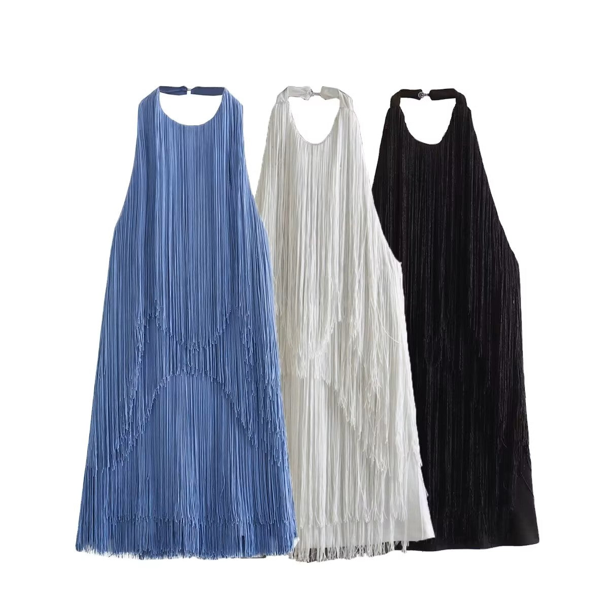 Halter Fringe Dress - White