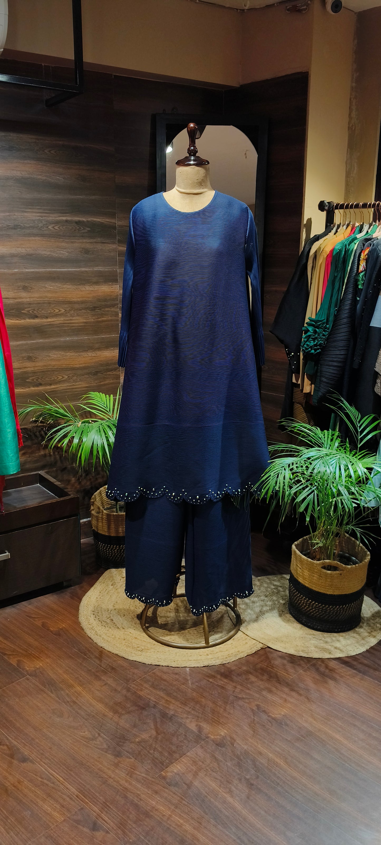 Navy Pleated Pearl Tunic Set