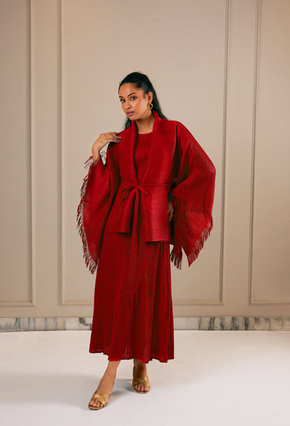 Juno Midi Dress with Fringe Cape - Red