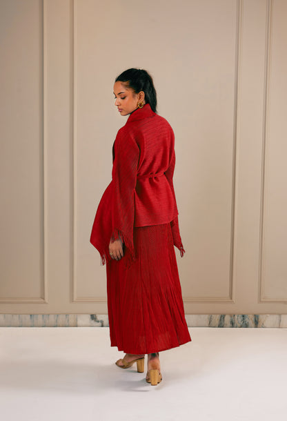 Juno Midi Dress with Fringe Cape - Red