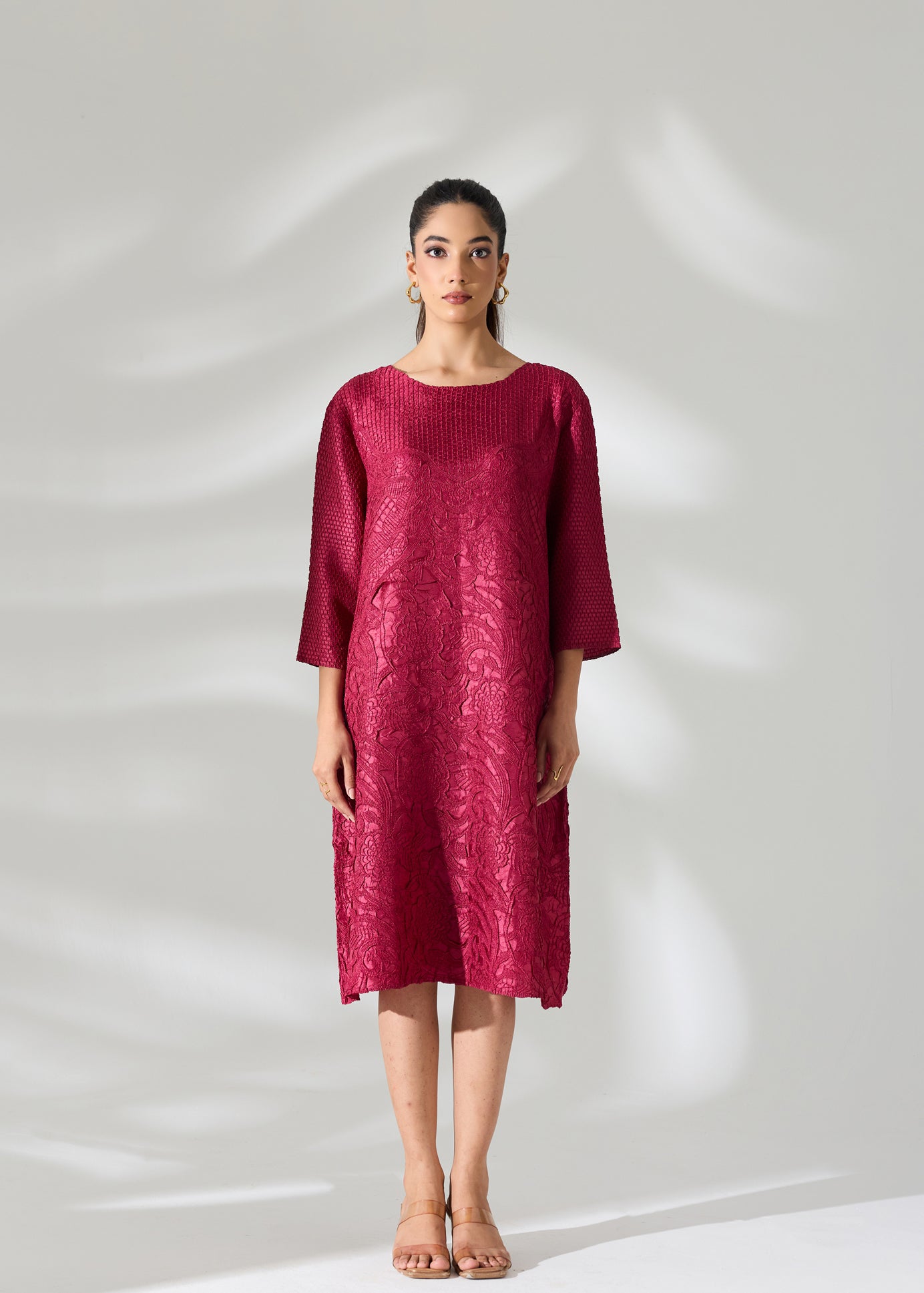 Lattice Embossed Calliope Dress - Burgundy