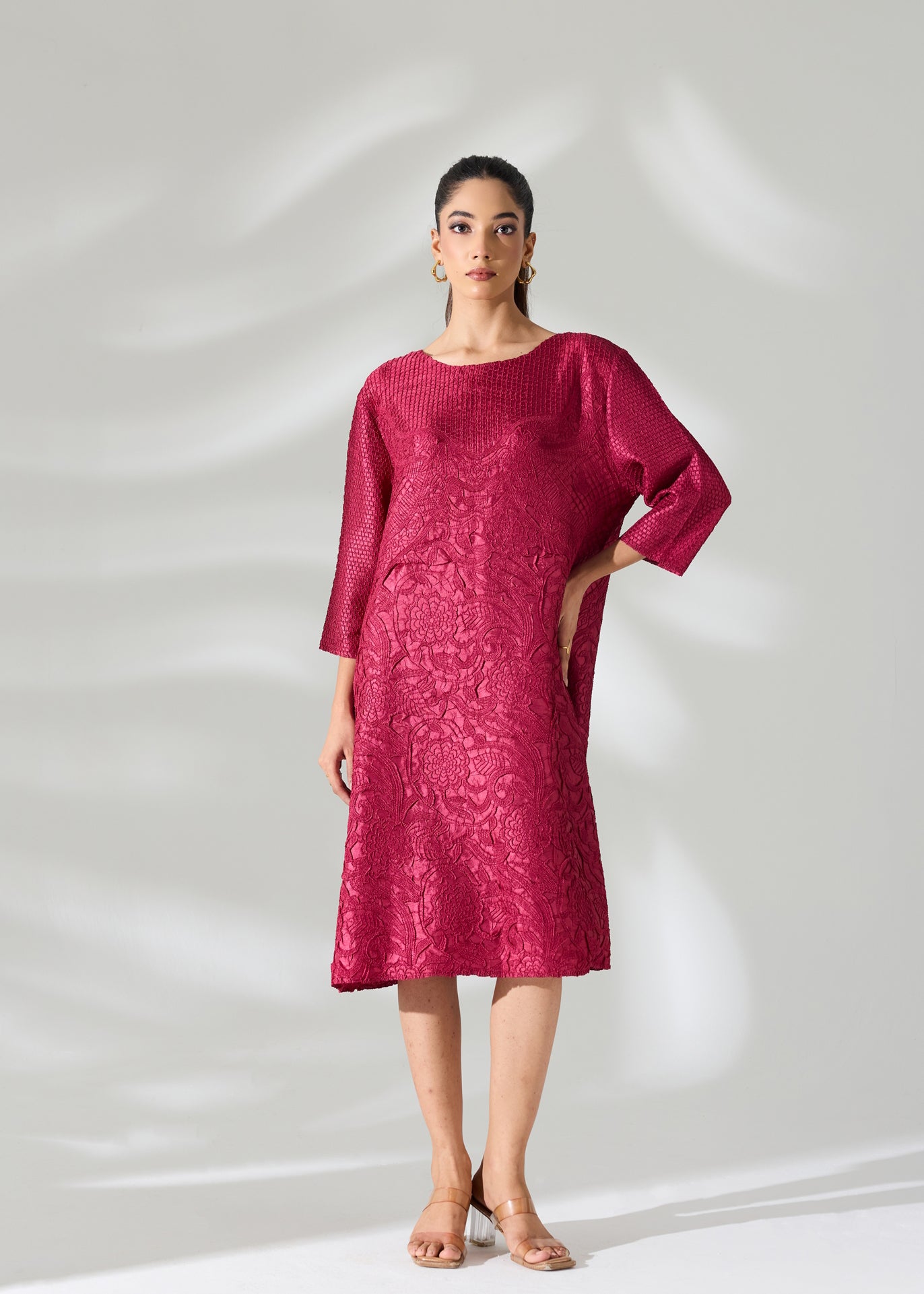 Lattice Embossed Calliope Dress - Burgundy