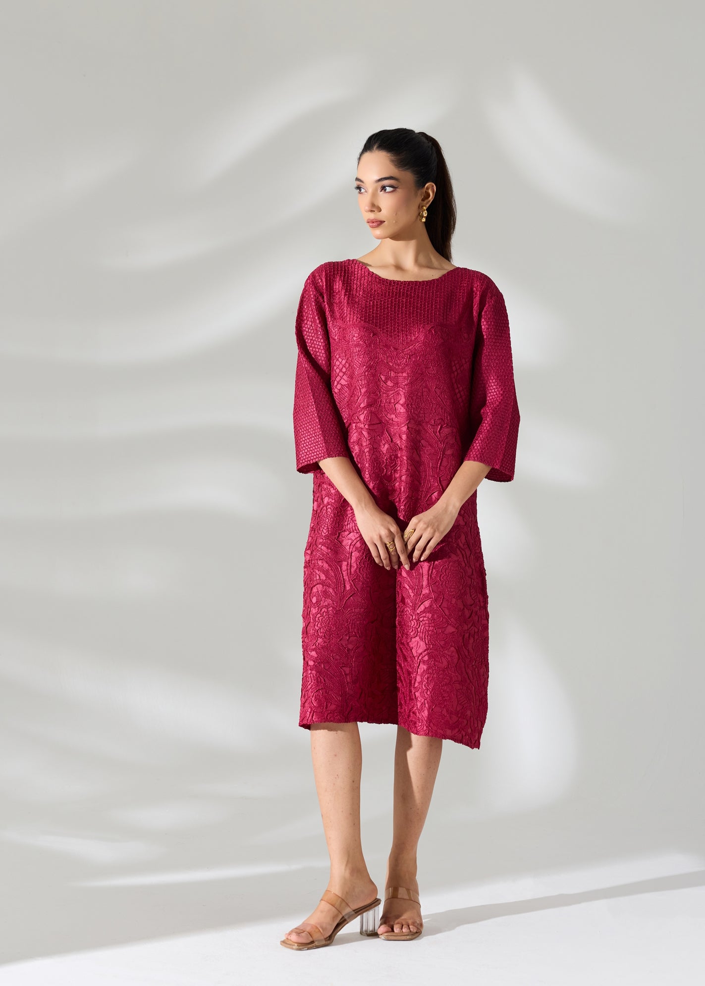Lattice Embossed Calliope Dress - Burgundy