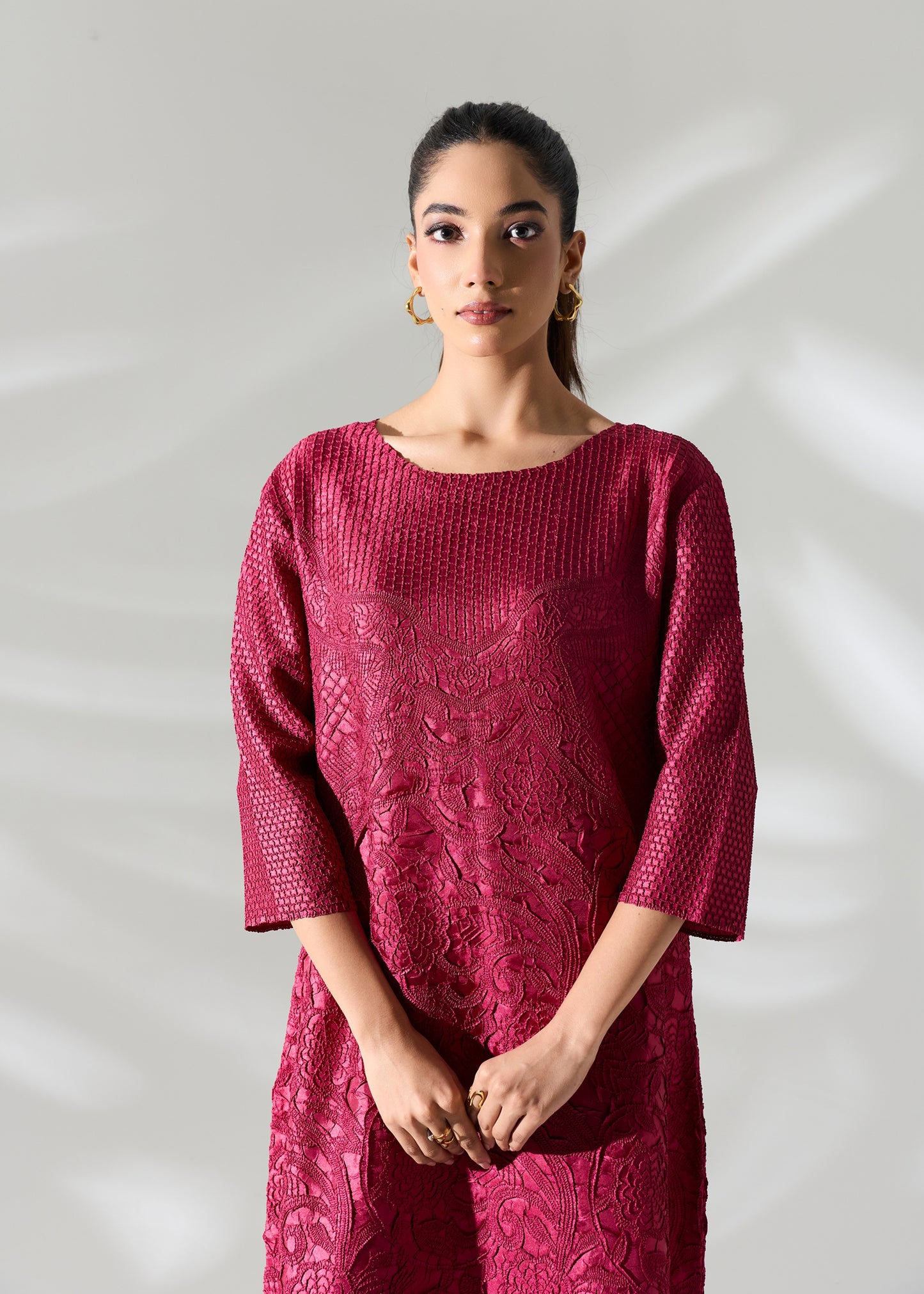 Lattice Embossed Calliope Dress - Burgundy