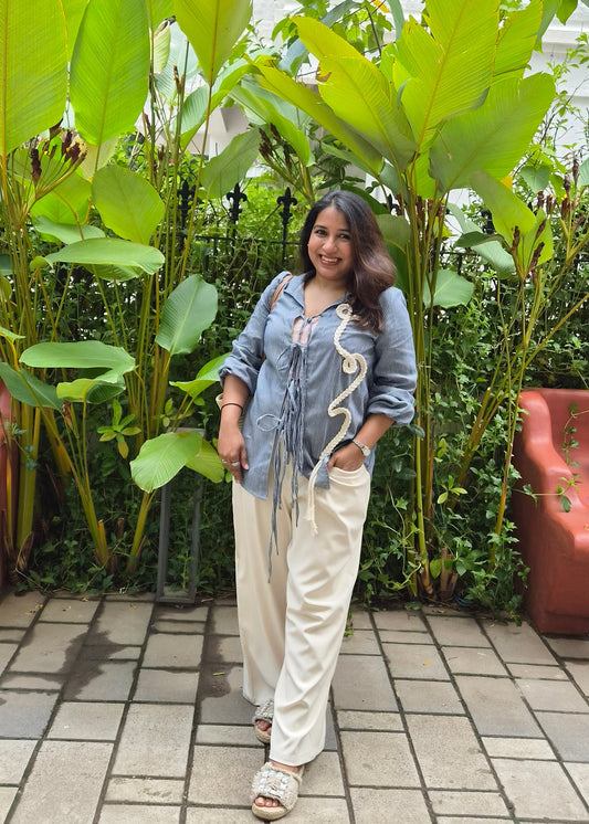 Denim Shirt with handmade macrame patchwork