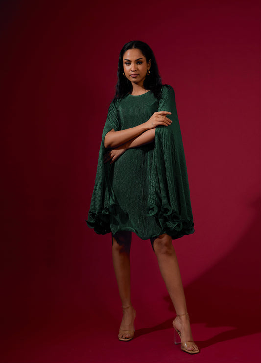 Woman wearing a green dress against a red background