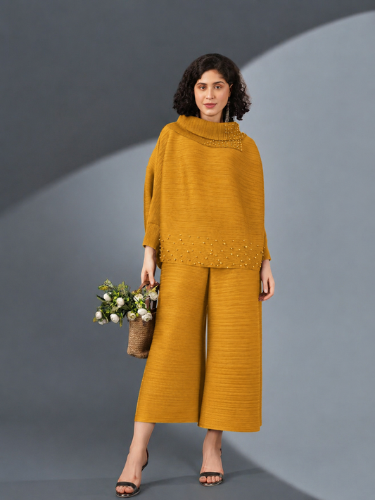Mustard Cowl Pearl Pleated Coord Set
