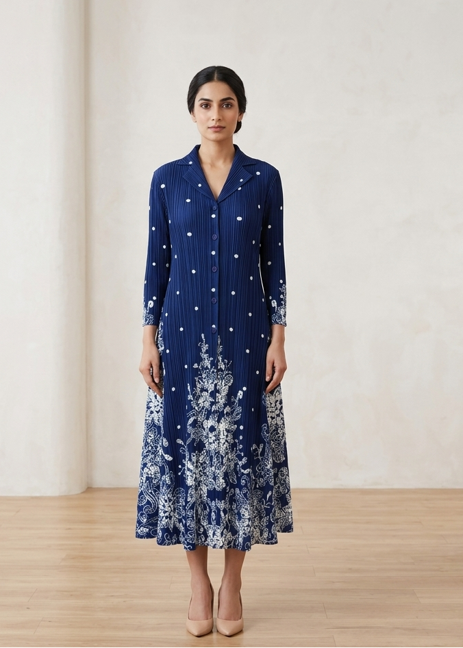 Woman wearing a blue dress with white floral patterns in a minimalistic setting