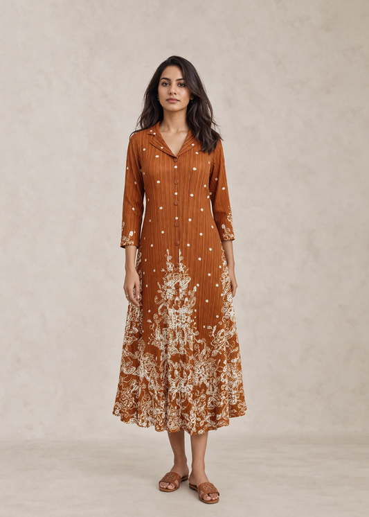Woman wearing a brown dress with floral pattern on a beige background