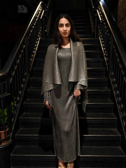 A woman stands on a dark staircase wearing a metallic silver pleated maxi dress with a matching draped cape-style shawl featuring fringe details.