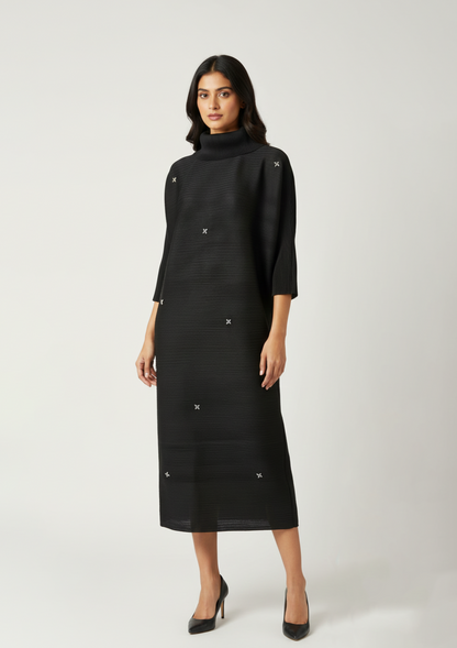 Cowl Stone Broach Midi Dress - Black