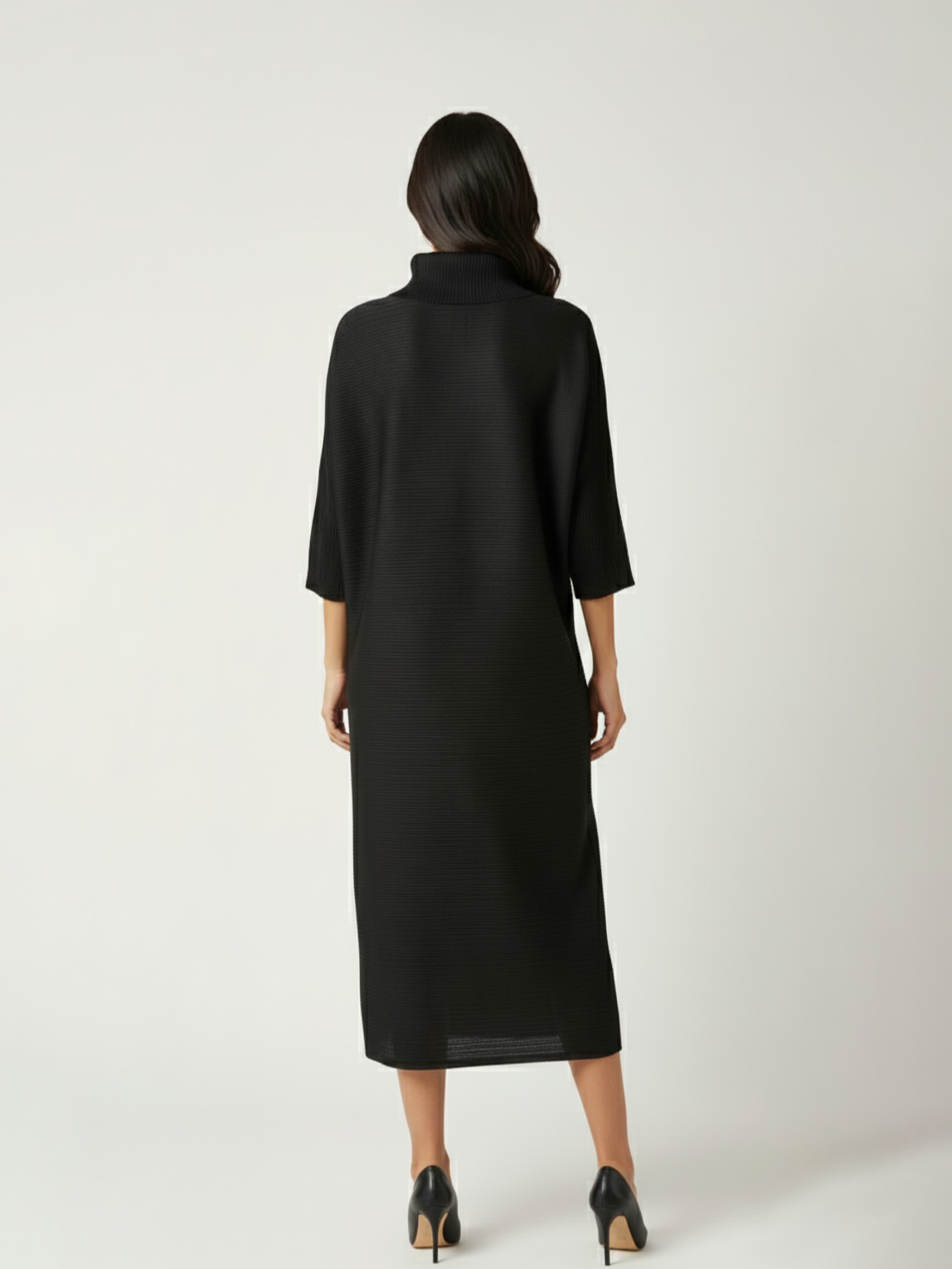 Cowl Stone Broach Midi Dress - Black