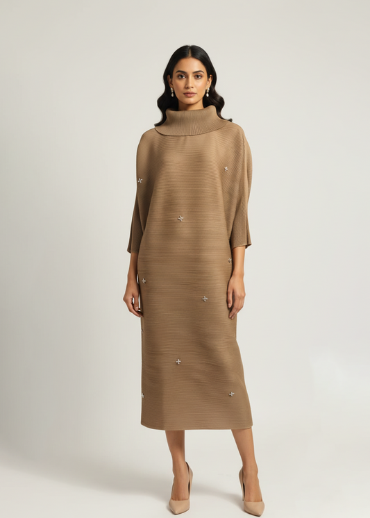 Cowl Stone Broach Midi Dress - Brown