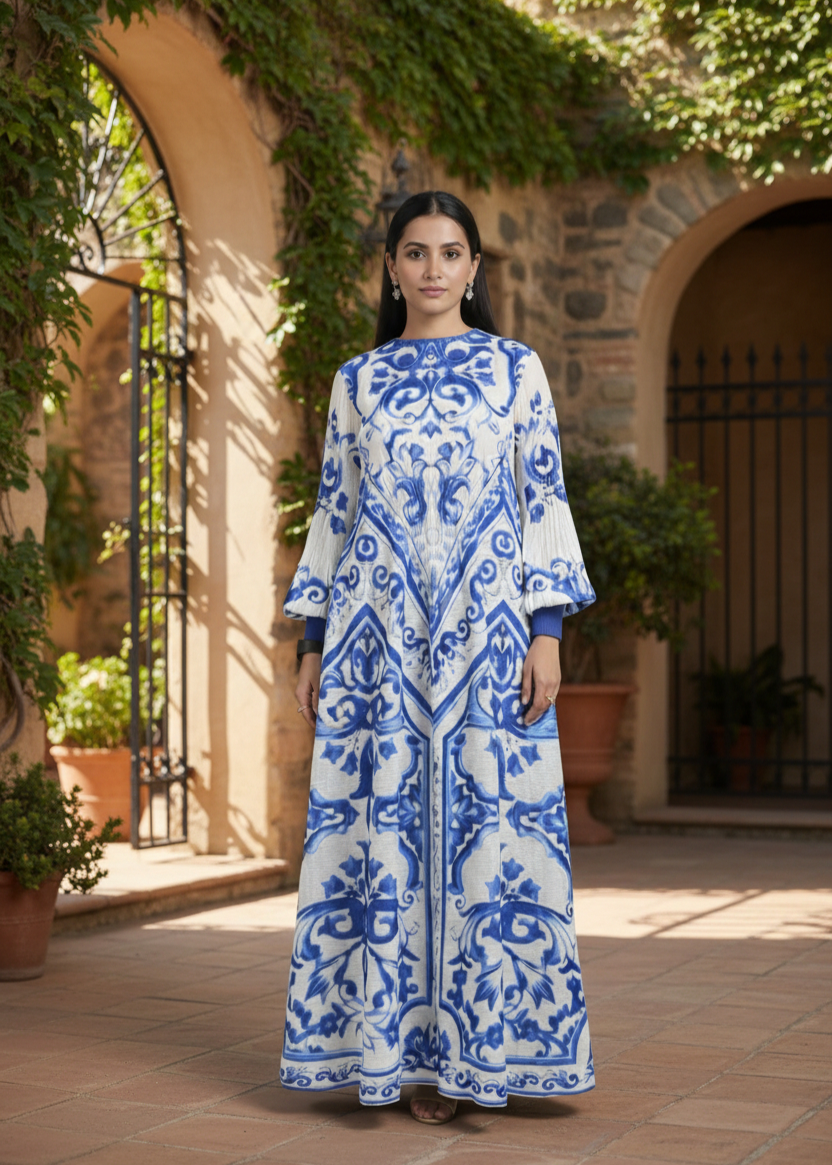 Woman wearing a blue and white patterned dress standing in an outdoor setting with stone walls and plants.