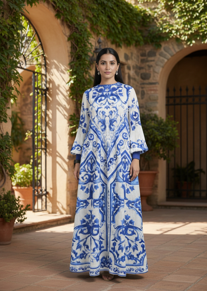 Woman wearing a blue and white patterned dress standing in an outdoor setting with stone walls and plants.