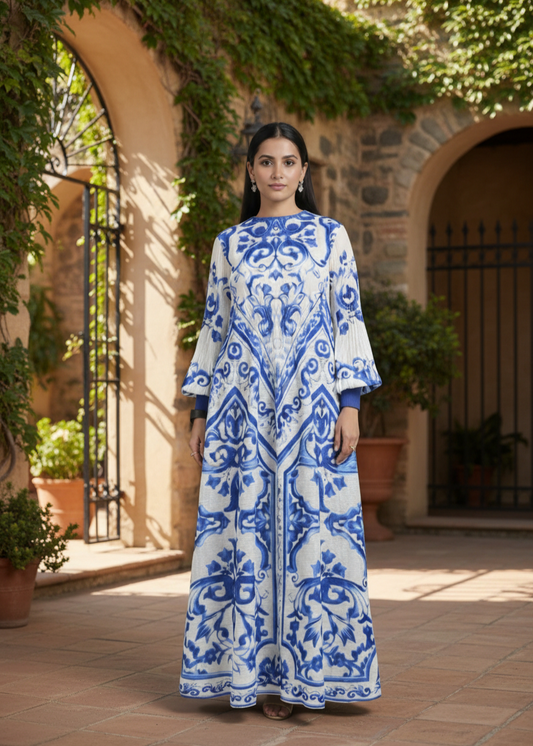 Woman wearing a blue and white patterned dress standing in an outdoor setting with stone walls and plants.