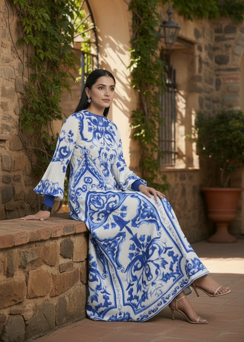 Woman in a blue and white patterned dress sitting on a stone wall outdoors.
