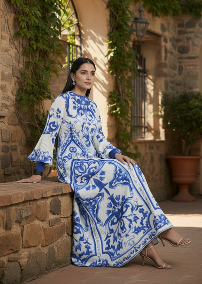 Woman in a blue and white patterned dress sitting on a stone wall outdoors.