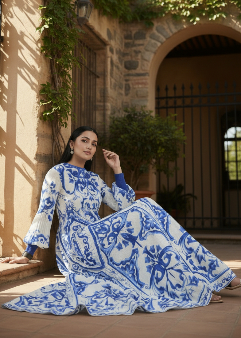 Woman in a blue and white patterned dress sitting outdoors.