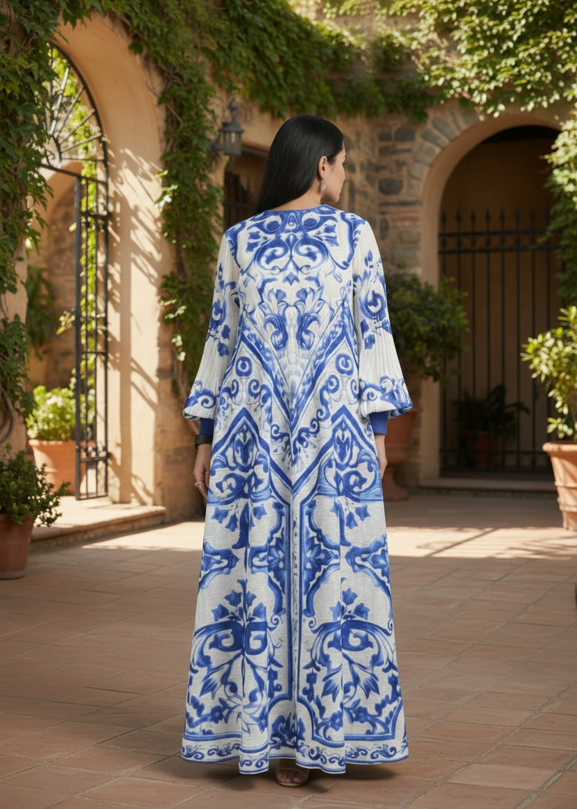 Woman wearing a blue and white patterned dress standing in an outdoor setting with greenery.