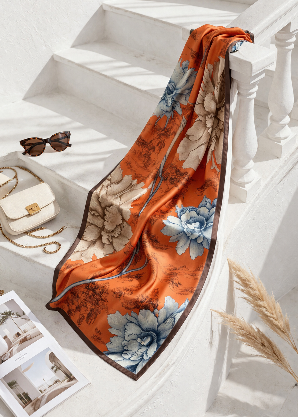 Floral scarf with orange background on a white staircase