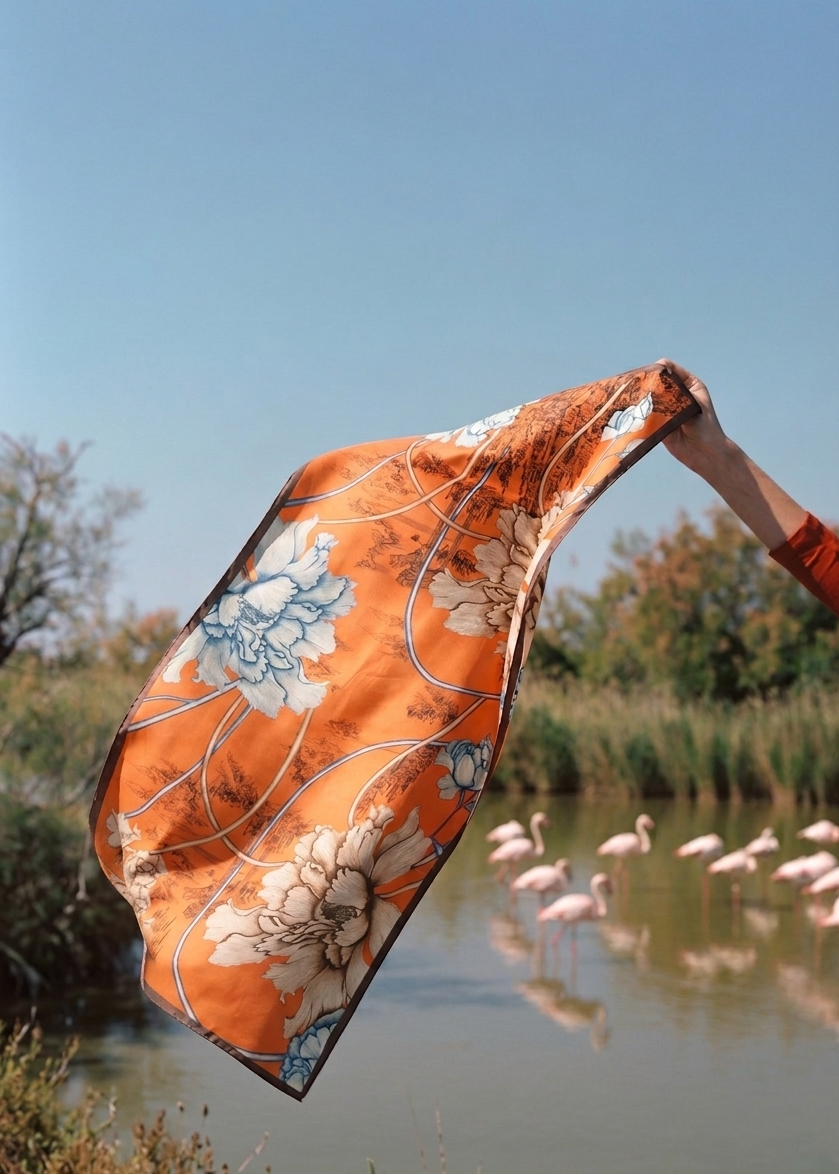 Person holding an orange floral-patterned blanket with a natural landscape in the background