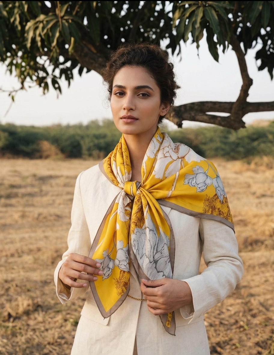 Woman wearing a yellow and white patterned scarf in a natural setting