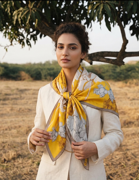 Woman wearing a yellow and white patterned scarf in a natural setting