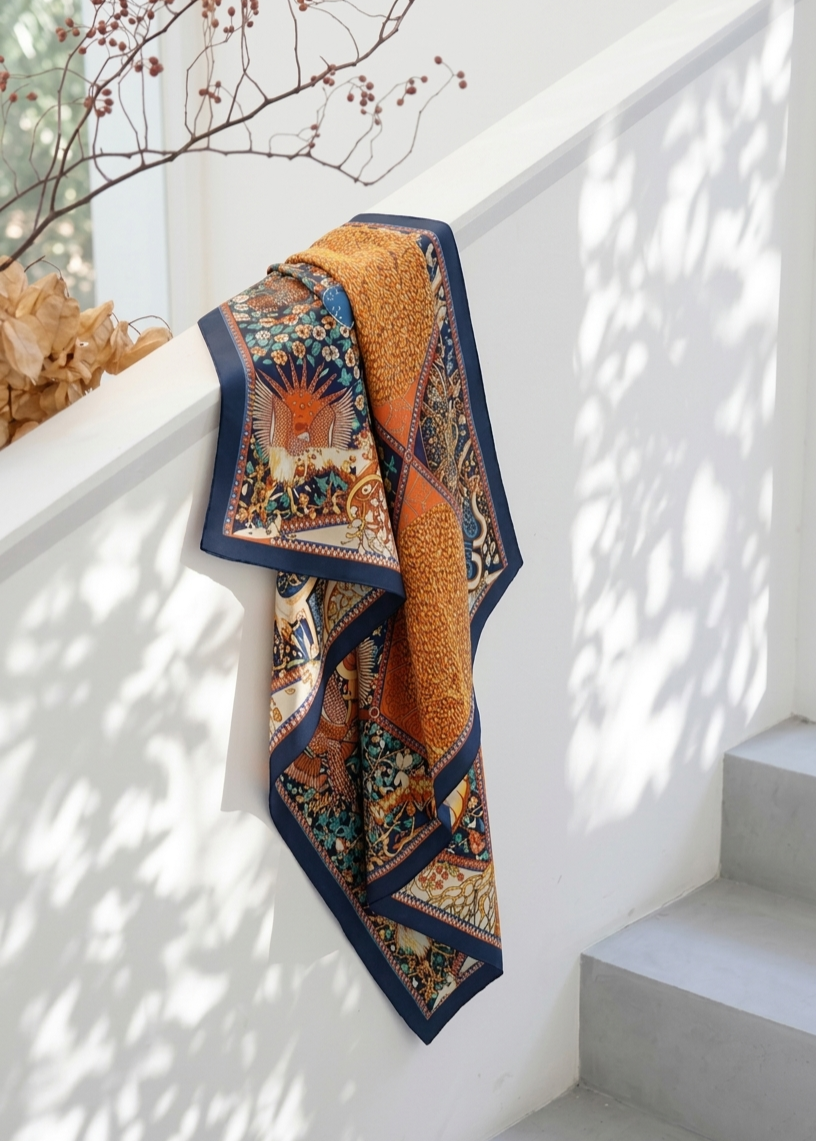 Decorative quilt with intricate patterns draped over a white wall.