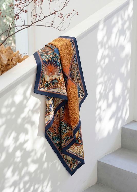 Decorative quilt with intricate patterns draped over a white wall.