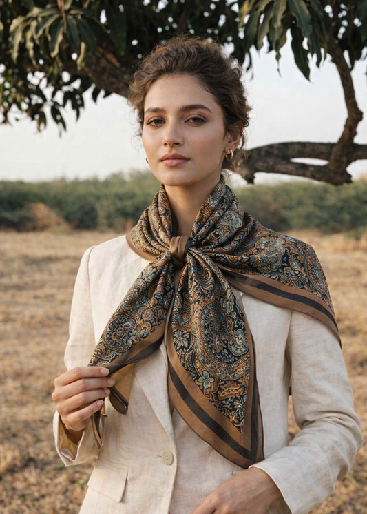 Woman wearing a patterned scarf outdoors with trees and fields in the background
